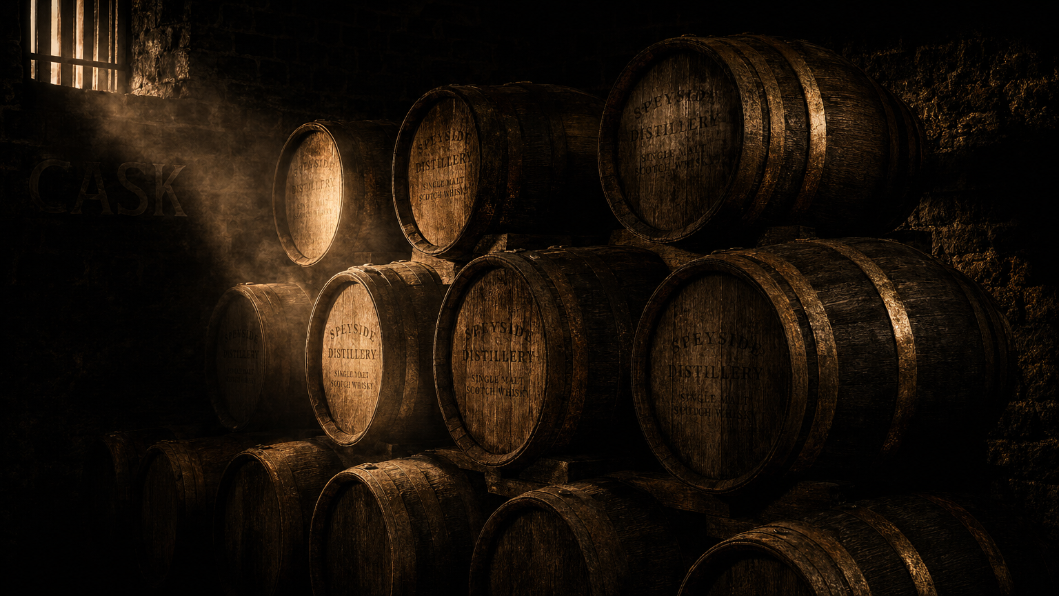 Whisky casks maturing in a Scottish distillery